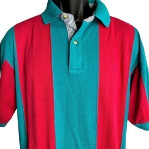 Vintage 90s Mens Striped Polo Shirt L Turquoise Pink Short Sleeve Buttons